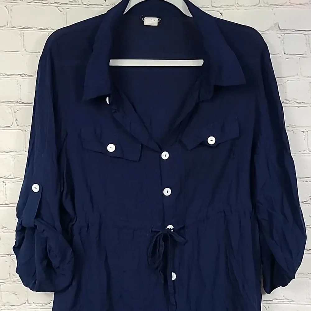 VENUS Navy Shirt Dress Beach Coverup Roll Tab Sleeve Nautical Mini XL Tunic - Picture 4 of 10